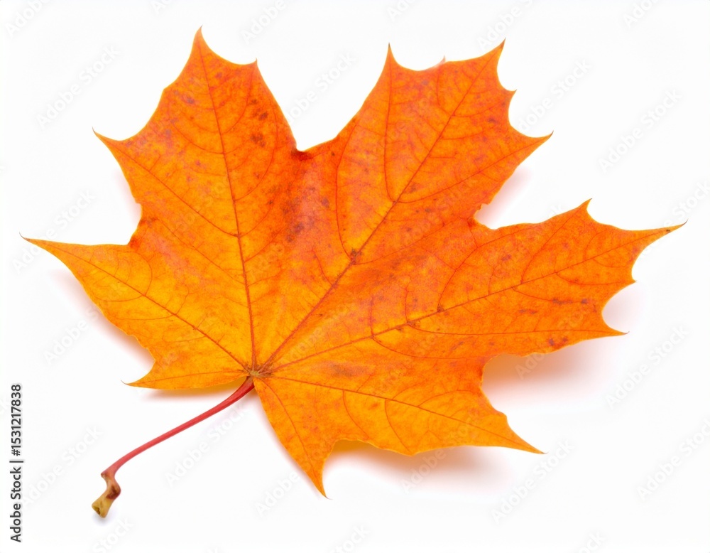 A realistic orange maple leaf with visible veins and a curled stem, set against white A realistic orange maple leaf with visible veins and a curled stem, set against white