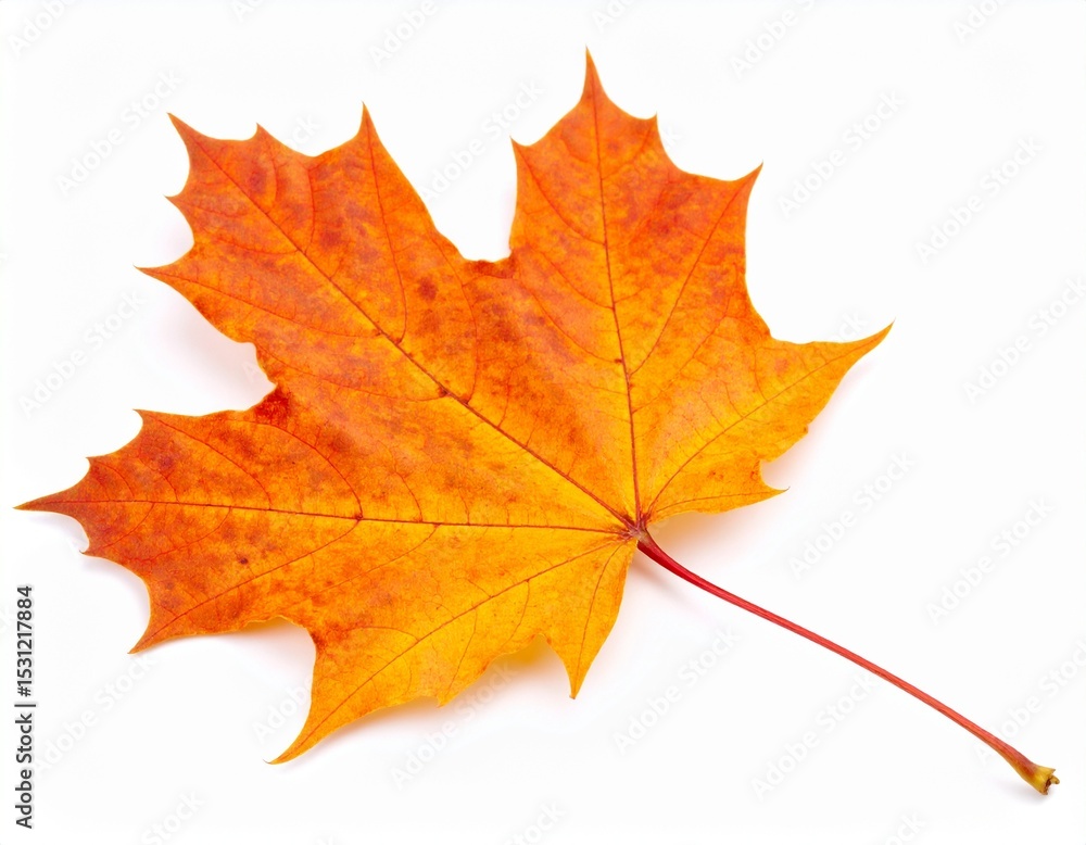 A flat lay of a bright orange autumn leaf with warm, speckled tones on white A flat lay of a bright orange autumn leaf with warm, speckled tones on white