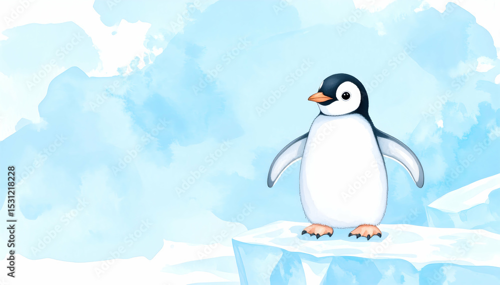 Fototapeta premium Cute Watercolor Penguin on Iceberg in Antarctica