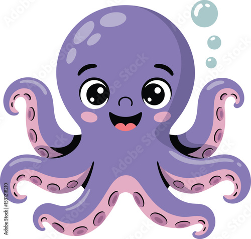 Adorable cartoon octopus with smiling face and bubbles in cute vector illustration