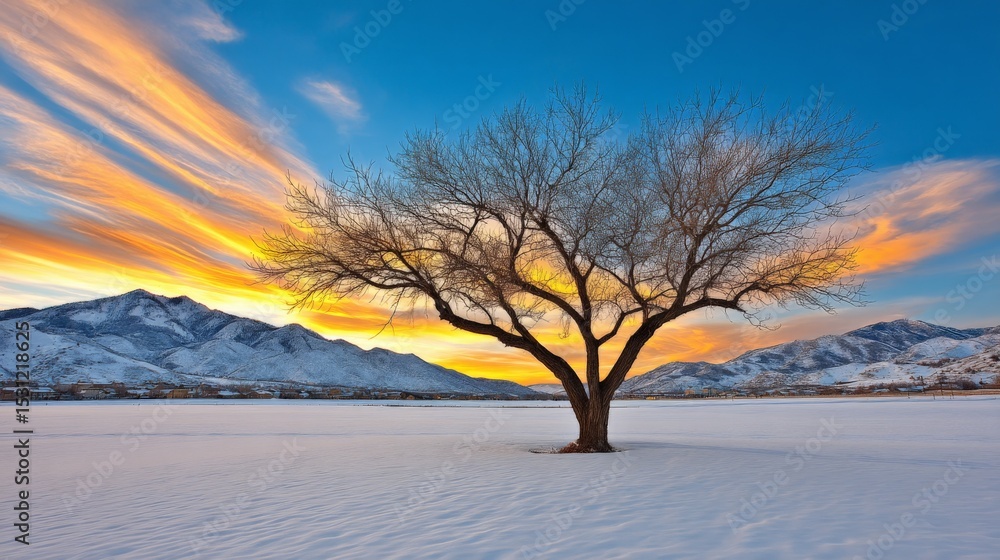 A solitary tree stands in a snowy landscape during a vibrant sunset with mountains in the background A solitary tree stands in a snowy landscape during a vibrant sunset with mountains in the background
