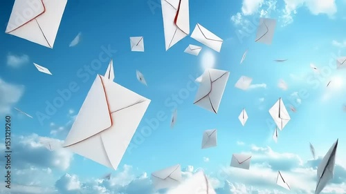 Floating envelopes against a bright blue sky with fluffy clouds, symbolizing communication and connection