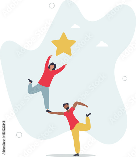 Reach for the star, teamwork or support to achieve business goal, partnership or manager mentorship to help success concept. character life .