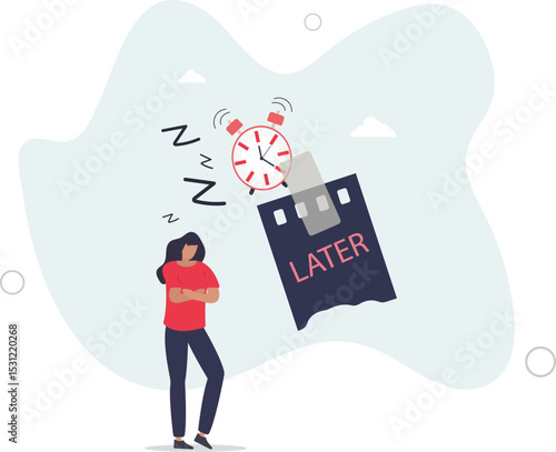 Procrastination do it later, postpone to work tomorrow, unproductive and excuse concept. character life .