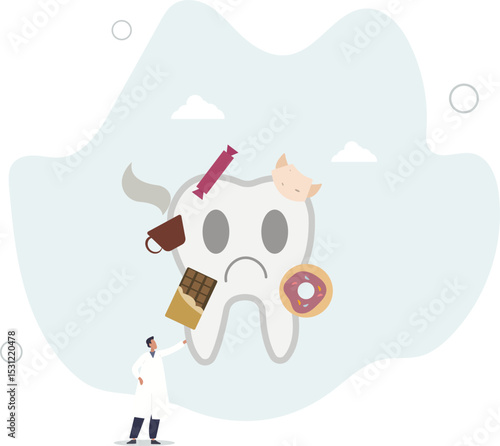 Desserts around sick tooth vector illustration.dentist warns of health hazards. character life .