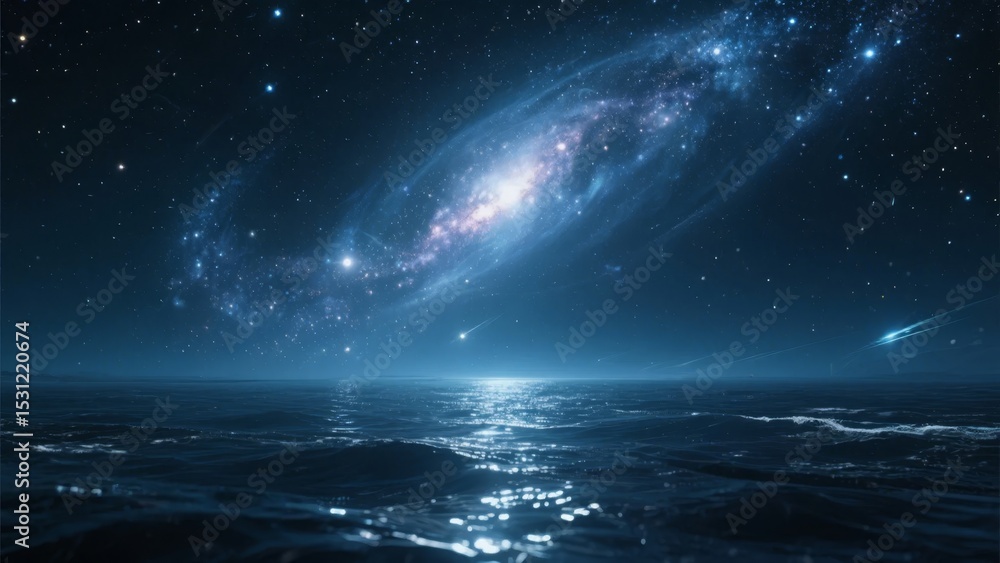 Fototapeta premium Galaxy Reflection on Calm Ocean Waters Under Starry Night Sky