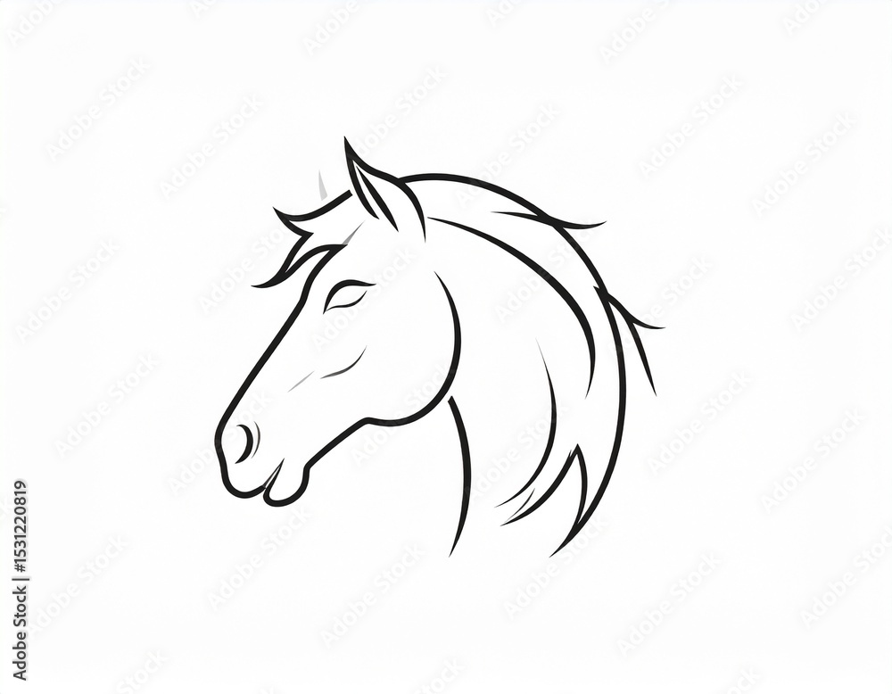 Elegant line drawing of a horse’s head with closed eyes and curved mane Elegant line drawing of a horse’s head with closed eyes and curved mane