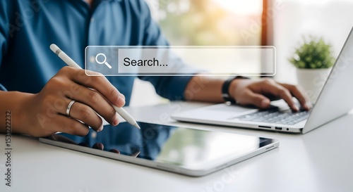 Search Engine Optimization SEO, data searching technology. Man's hands typing on laptop computer to search the information via internet web browser