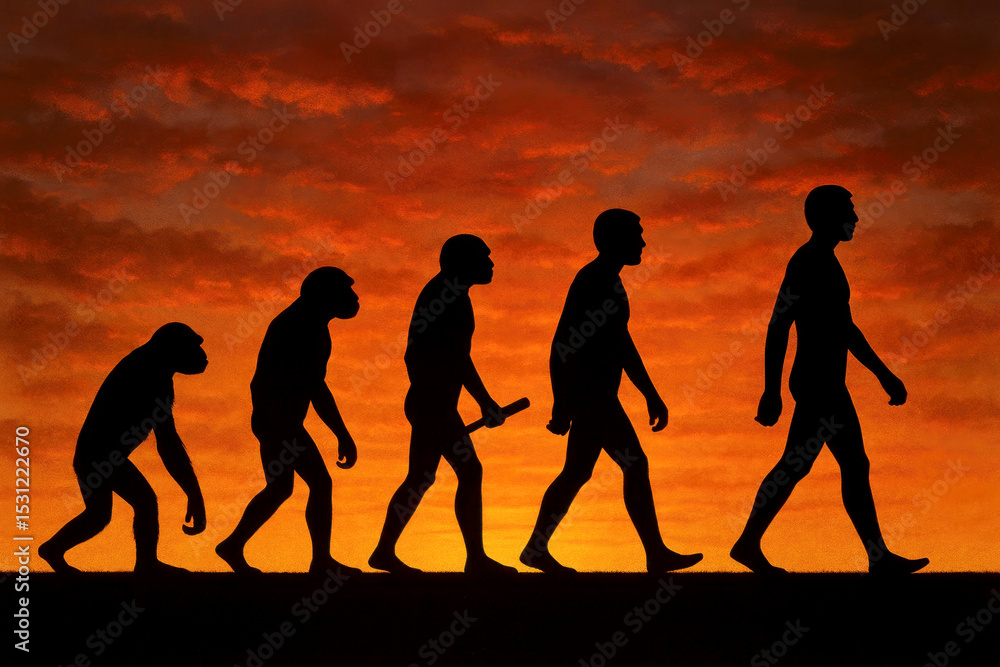 Fototapeta premium Human evolution silhouettes sunset background