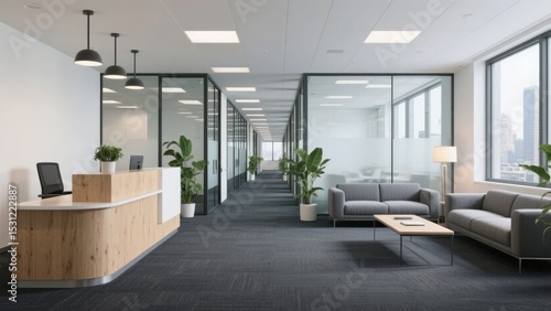 Modern office interior with reception desk, lounge area, and glass-walled meeting rooms