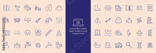 Construction Tools Line Icons Set – Editable Stroke, Building Equipment, Repair, DIY Symbols