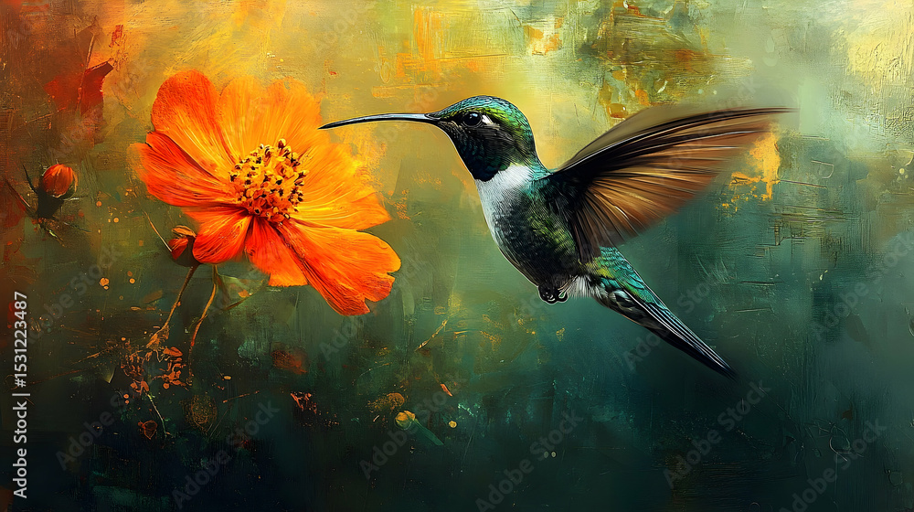 Fototapeta premium A hummingbird in flight near a vibrant orange flower.