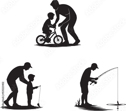 Father son bonding activities bicycle fishing silhouette monochrome black and white vector illustration