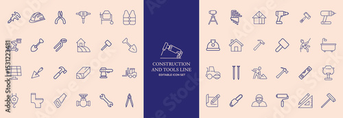 Construction Tools Line Icons Set – Editable Stroke, Building Equipment, Repair, DIY Symbols
