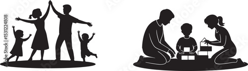 Silhouette illustrations of families enjoying time playing and building blocks together