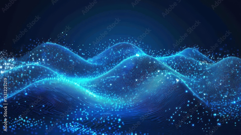 Fototapeta premium Abstract digital landscape with blue waves and glittering particles, creating a futuristic and dynamic background.