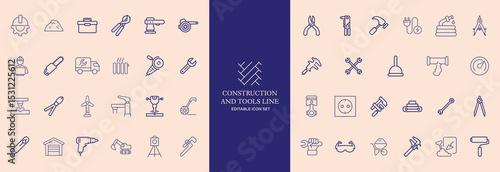Construction Tools Line Icons Set – Editable Stroke, Building Equipment, Repair, DIY Symbols