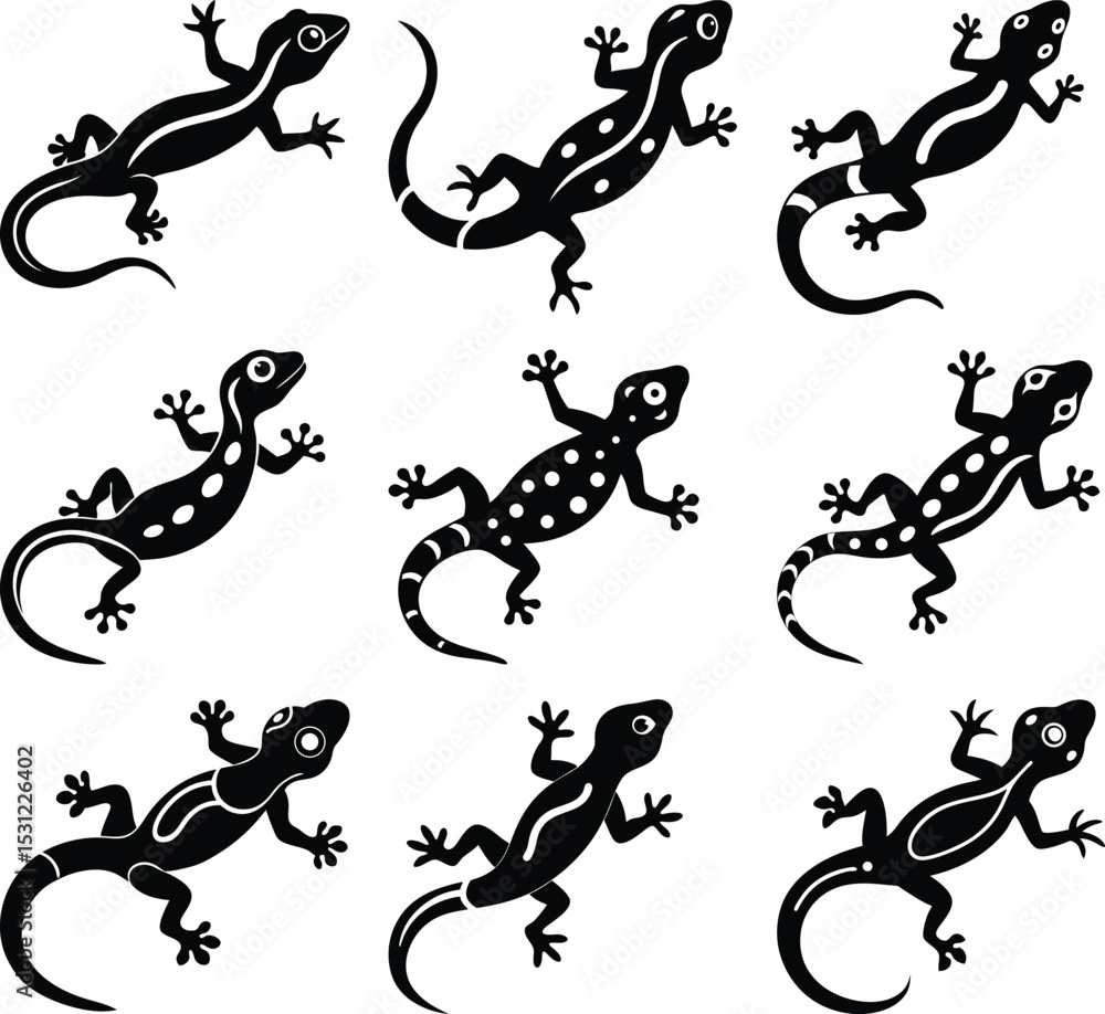 Fototapeta premium Lizard silhouttes patterns: Nine sleek lizard silhouettes in a bold black hue adorn the canvas, each a unique embodiment of this agile reptile.