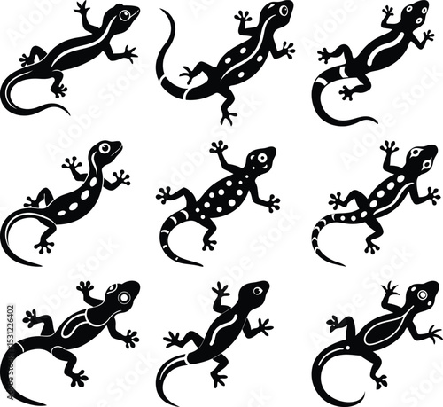 Lizard silhouttes patterns: Nine sleek lizard silhouettes in a bold black hue adorn the canvas, each a unique embodiment of this agile reptile.