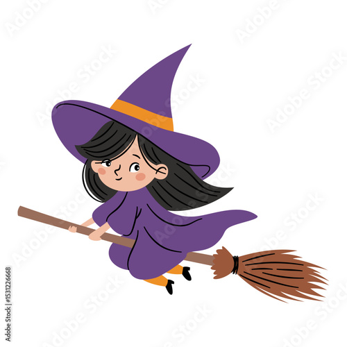 Cute witch with long red hair flying on a broomstick. Flat vector illustration in simple childish style on white background . Vector illustration
