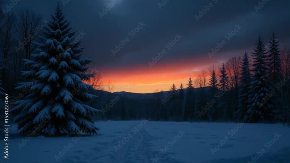 custom made wallpaper toronto digitalWinter Sunset Over Snowy Forest with Trails and Pine Trees