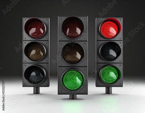Three sets of LED traffic lights showing red, amber or green lights.