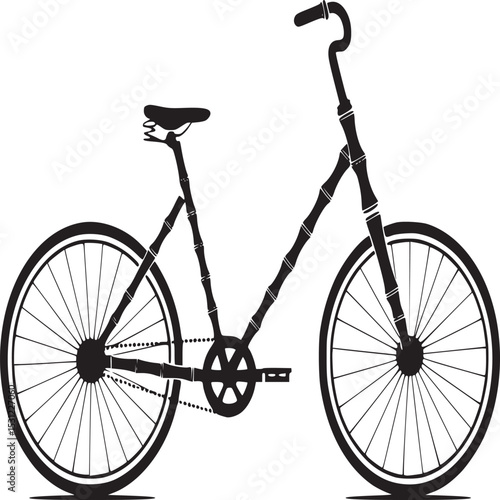 Silhouette of a bicycle with a bamboo frame and black wheels on a white isolated background design