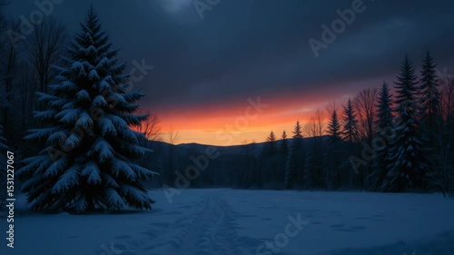 Wallpaper Mural Winter Sunset Over Snowy Forest with Trails and Pine Trees Torontodigital.ca