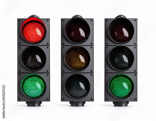 Three sets of LED traffic lights showing red, amber or green lights.