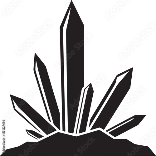 A stark black and white illustration of a cluster of crystals emerging from a rocky base design element