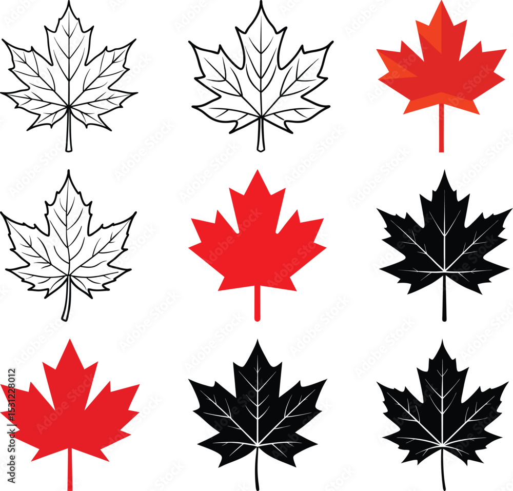 Canadian Maple Leaf Collection: A detailed compilation showcases various styles of the iconic maple leaf, capturing a spectrum of designs and colors, from intricate outlines to bold, solid hues. Canadian Maple Leaf Collection: A detailed compilation showcases various styles of the iconic maple leaf, capturing a spectrum of designs and colors, from intricate outlines to bold, solid hues.