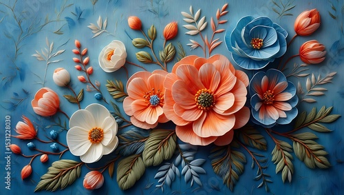 A beautiful bouquet of colorful spring flowers, featuring pink blossoms and yellow daisies, bursts with natural beauty on a blue background