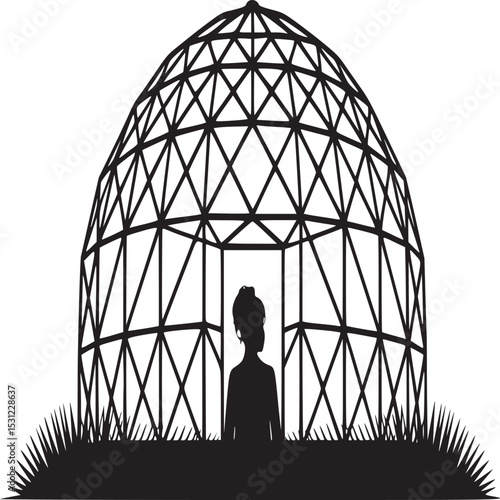 Silhouette of a person inside a geodesic dome surrounded by grass against a plain background art