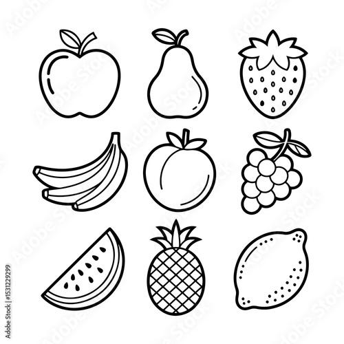 Line art illustrations of nine different fruits