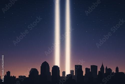 Twin beams of light above city skyline at night