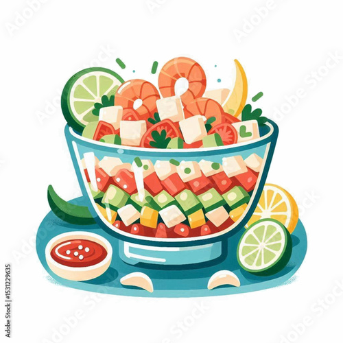 A bowl of ceviche with shrimp vegetables and citrus fruit