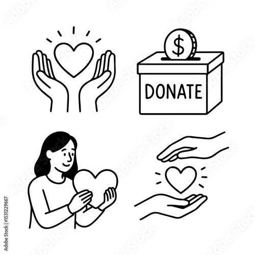Charity vector illustration featuring donation box, heart symbols, and caring hands. Perfect for nonprofit campaigns, fundraising events, and altruistic themes. Black and white design.