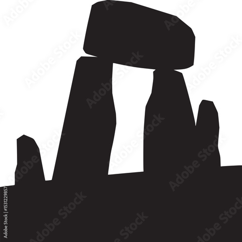 Silhouette of stonehenge against a white background in a minimalist black and white illustration