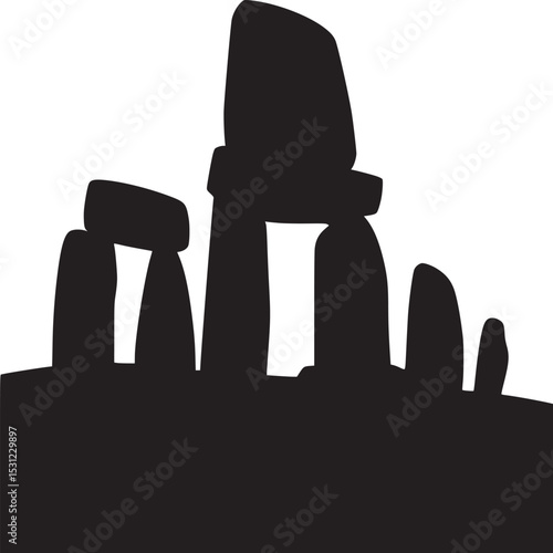 Silhouette depiction of stonehenge against a white backdrop showing ancient architecture and structure