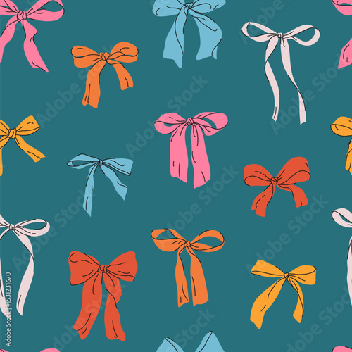 Hand drawn seamless pattern of different bows and gift ribbons. Colorful background with various hand drawn bowknots in vintage style. Trendy design for print, packaging, wrapping paper, fabric
