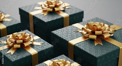 Several dark green gift boxes with gold ribbons and bows are arranged on a light surface.