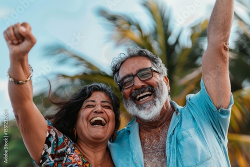Portrait of a happy indian couple in their 50s celebrating a success