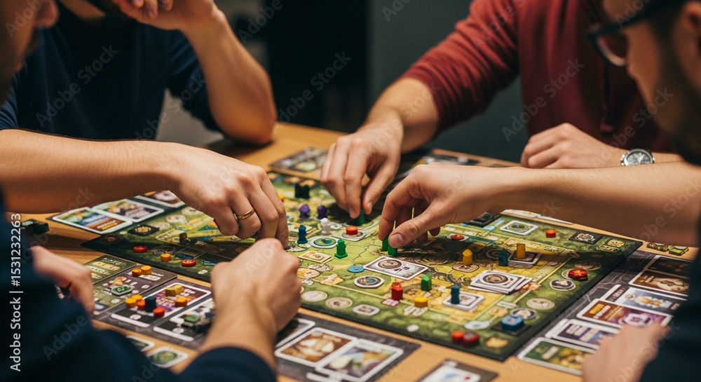 Fototapeta premium Friends gather for an exciting board game night laughter and friendly competition fill the air pure joy