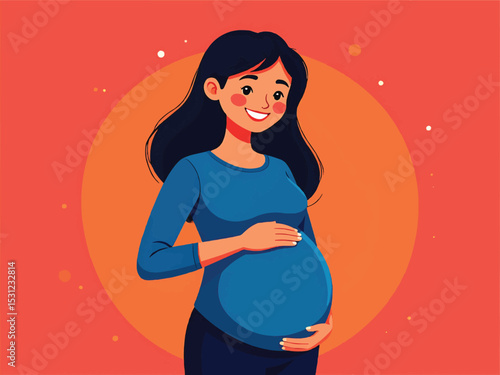 Pregnant woman illustration with orange background and blue long sleeve shirt