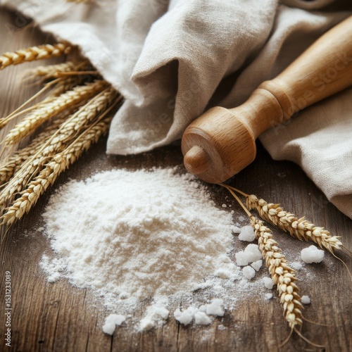 Flour Wheat Grains Rolling Pin on Wooden Table