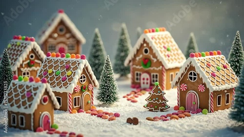 A cozy, festive village of gingerbread houses in the snow.