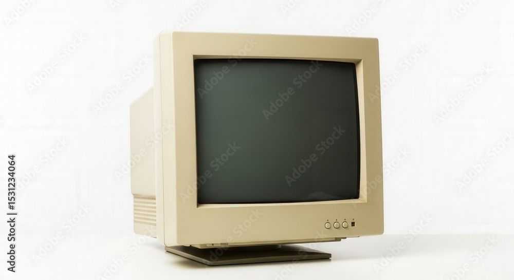 A beige CRT monitor with a black screen, placed on a white surface. The monitor is from the late 20th century, indicative of early computer technology. A beige CRT monitor with a black screen, placed on a white surface. The monitor is from the late 20th century, indicative of early computer technology.