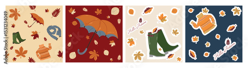 Set of seamless patterns on the theme of autumn. Vector image with autumn leaves, accessories and clothes
