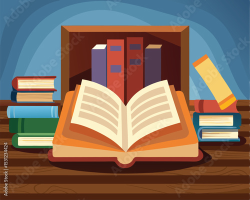 Open Book on Wooden Desk with Stack of Books