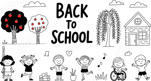 Back to school doodle drawing with kids trees house and apple illustration for education design vector 100 editable stock vector illustration
